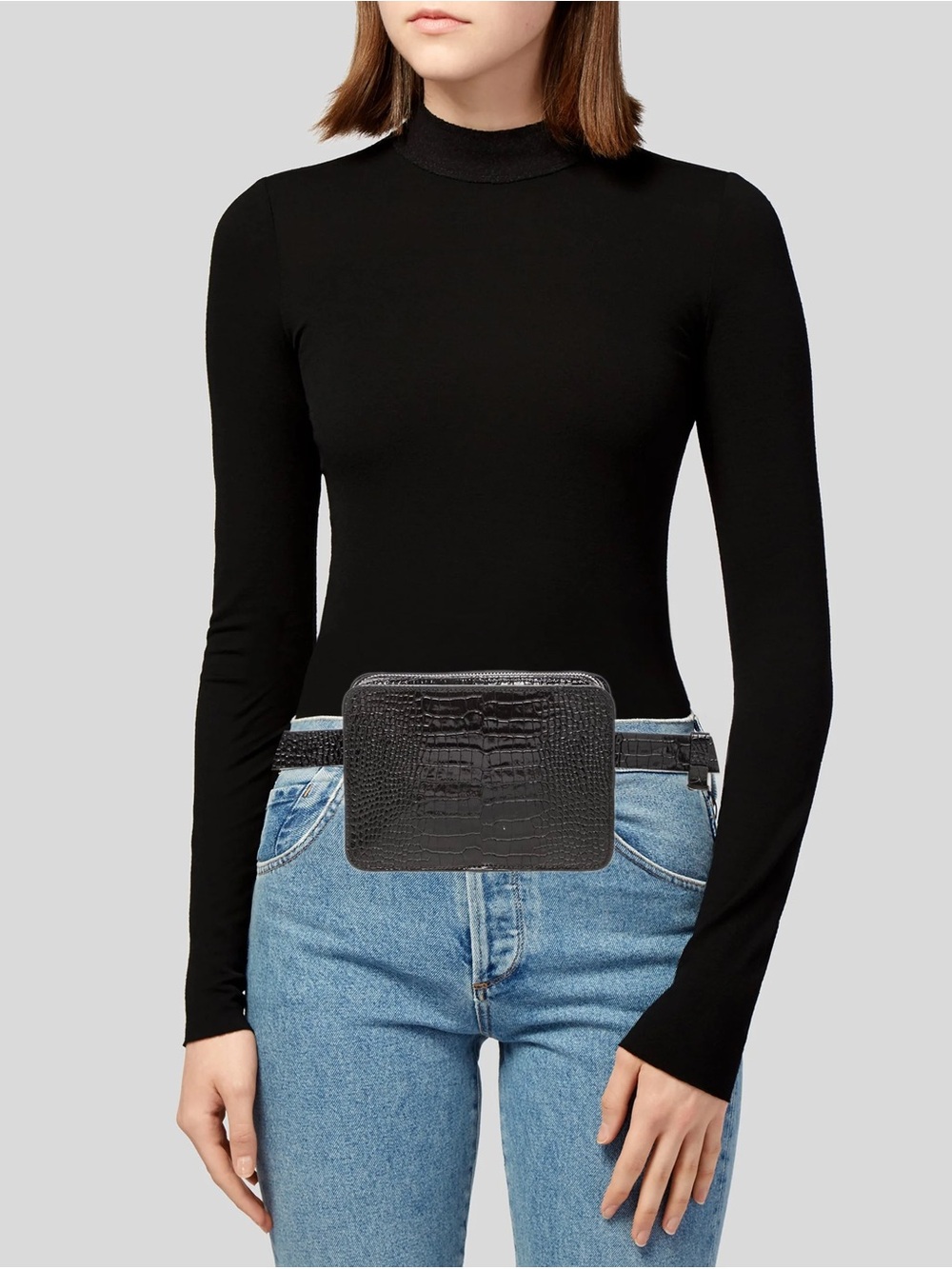 Freda Salvador Black Croc-Embossed Mini Belt Bag